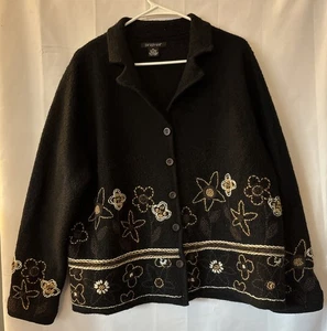 Cardigan maglione parafrasi 100% lana ricamato donna XL nero floreale pesante - Foto 1 di 8