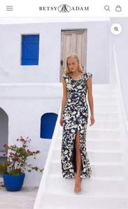 NWT $299 BETSY & ADAM size 20w NAVY GOLD BIANCA METALLIC COWL NECK FLOOR LENGTH - Picture 1 of 8