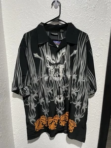 Vintage Odo Y2K Grunge Button Up Shirt Flames Skulls Skeleton Men’s Size Large - Picture 1 of 7