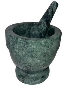 Vintage Mortar & Pestle Footed Green Grey Swirl Natural Stone Pestle Set 4x4” - Picture 1 of 6