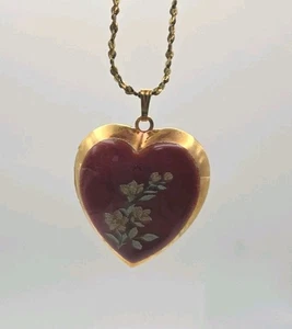 Collar Cadena Vintage Tono Dorado Corazón Hinchado Rojo Floral Esmalte 14K GP 17" - Imagen 1 de 17