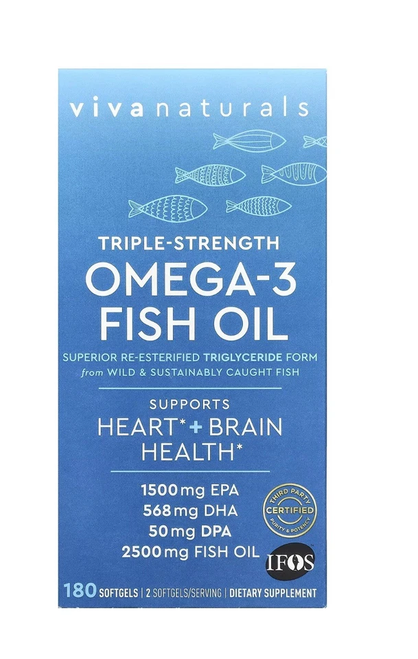 Aceite de pescado Omega-3, triple fuerza, 2.500 mg, 180 cápsulas blandas (1.250 por gel) ¡sellado! Foto 1 de 3
