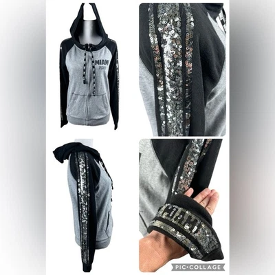 PiNK Victoria's Secret Miami BLiNG Lentejuelas Sudadera con Capucha Cremallera Chaqueta Gris y Negro Foto 1 de 4