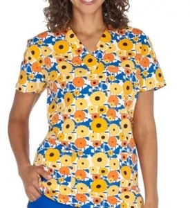 NWT Women's XS Orange Burst Floral Print I Love Scrubs Scrub Top - Picture 1 of 1