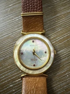 Adolfo White Dial Round Gold And White Pearl Face - Brown Leather Band - Picture 1 of 19