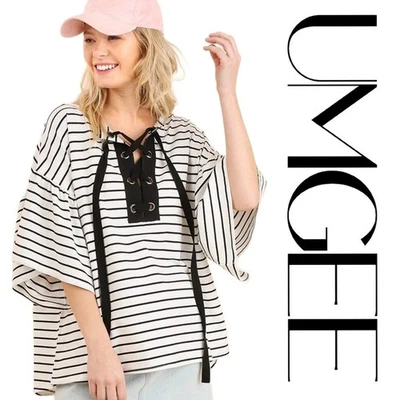 OVERSIZE S/M UMGEE WHITE  striped Lace/tie up Blouse/Top/Shirt BHCS - Image 1 of 4