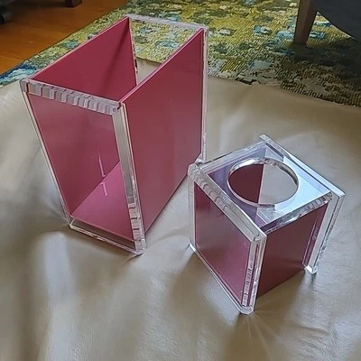 Vintage L & R Enterprises MODLucite Pink Tissue Box Holder & Trash Waste Basket - Image 1 of 4