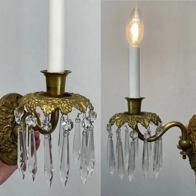 PAIR RESTORED Antique Vtg Crystal Wall Sconces Victorian Art Deco Ornate Brass - Image 1 of 4