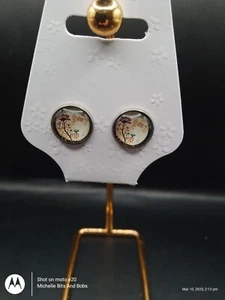 Handmade Silver Tone Round Bezel Earrings With Flowers And Full Moon Cabochons - Picture 1 of 1