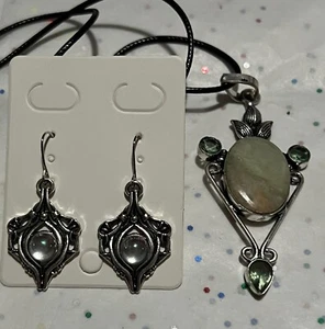 Aqua Seraphinite Gemstone 925 Sterling Silver Plated Pendant & Earring Set - Picture 1 of 16