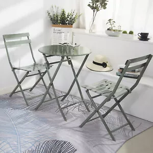 3 Piece Patio Bistro Set of Foldable Round Table and Chairs, Dark Green - Picture 1 of 6
