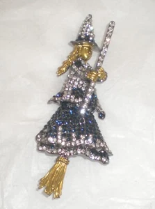 New Dark Metal Witch and Broom w/ Multicolored Crystals and Enamel Pin Brooch - Picture 1 of 4