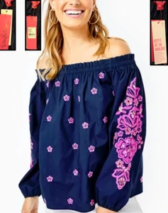 Neu mit Etikett! LILLY PULITZER BLAU OFF-SHOULDER BLUMEN BESTICKT PERLEN JAEDA SHIRT TOP XL - Bild 1 von 23