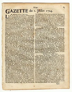 1724, july 1st, Original French Gazette with news from various locations - Bild 1 von 4