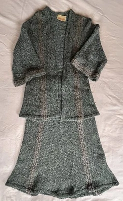 Vintage Mary Farrin w/Tag 2-Pc Knit Skirt & Cardigan Set Green Brown XS 1960s - Photo 1/4