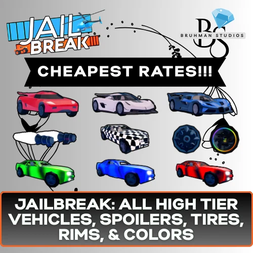 LIMITED🚨| Jailbreak | JB | All Vehicles Spoilers Tires Rims Colors -- CLEAN - Image 1 of 1