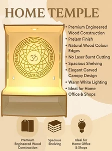 Wooden Temple Mandir for Home Office | Pooja Mandir LED Light & Storage - Foto 1 di 7