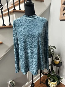 KORI America Blue Long Sleeve Textured Leopard-print Mock-neck Blouse Medium - Picture 1 of 4
