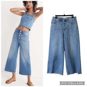 Pantalones de mezclilla Madewell de pierna ancha con dobladillo deshilachado tiro alto botón mosca azul claro talla 29” - Imagen 1 de 18