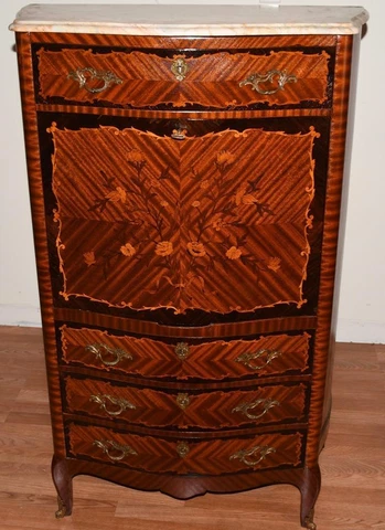 1890s Antique French Louis XV Walnut Inlaid & Marble Top Secretary Desk Cover