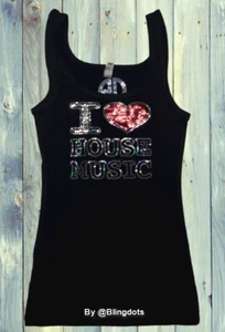 Canotta donna I Love House musica EDM paillettes festa ultra bling camicia rave party - Foto 1 di 6