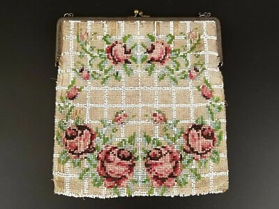Antique Hand Beaded Cabbage Rose Pink Floral Purse Cocktail Evening 1930's  - Image 1 of 4