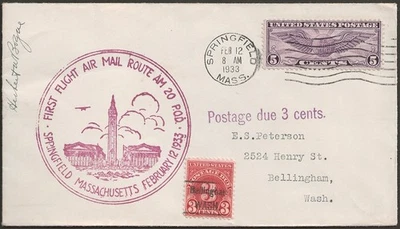 First Flight Air Mail Route AM 20 Springfield Massachusetts Feb 12 1933 #C12 J72 - Image 1 of 2