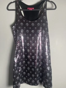 Betsey Johnson Skull Sequin Tank Dress Size Medium Mini RARE Black Silver Purple - Bild 1 von 7