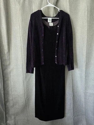 Maxi Vestido Laura Ashley De Colección Años 90 Púrpura Oscuro Terciopelo Corto Slv con Cárdigan a Juego Foto 1 de 4