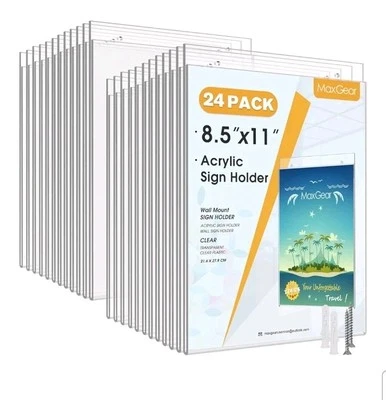 *24* PACK! Wall Mount Sign Holder 8.5 x 11, Clear Plastic Picture Frames Bonus  - Image 1 of 4