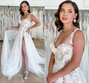 Sexy Beach Wedding Dresses with Slit Spaghetti Straps Lace Tulle Bridal Gowns - Picture 1 of 10