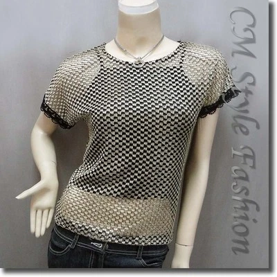 Conjunto de suéter de encaje de malla de red y camisola negra negro dorado S Foto 1 de 4