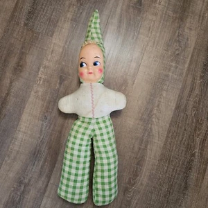 Vintage Ragdoll Plastic Face Doll Christmas Elf Pixie Homemade? Green Plaid 27" - Picture 1 of 20