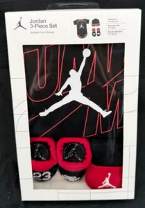 NEW Jordan 3-Piece Set Bodysuit Hat & Booties Black Red White Newborn 0-6 Months - Picture 1 of 8