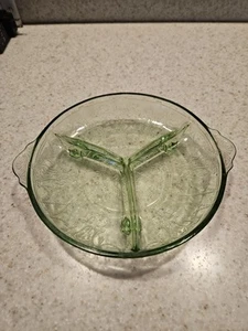 Footed Vaseline Glass Divided Plate Green Depression Uranium Cameo Ballerina Vtg - Picture 1 of 3