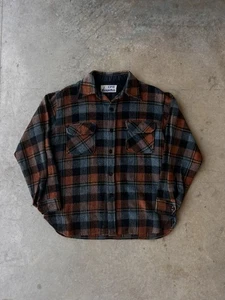 Vintage 70s Wool Flannel CPO Shirt Jacket Mens Large Orange Plaid Fall - Picture 1 of 6