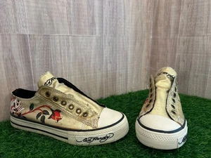 women Ed Hardy Gold Y2K style Skull & Rose Laceless Slip-On Low Sneakers Size 5 - Picture 1 of 12