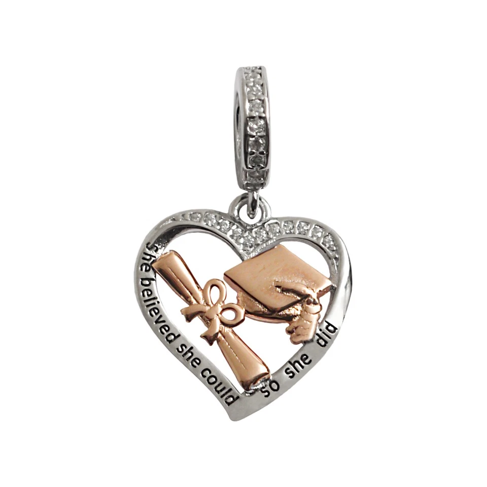 MariaFonte Charm Pendente Cuore Laurea Diploma Pergamena Cappello in Argento 925 - Immagine 1 di 4