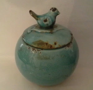 Turquoise Ceramic Jar with Bird on Lid Aged Finish Rustic Crackle Style 7 X 8 - Picture 1 of 7