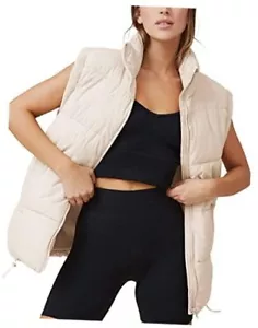Womens Zip Up Puffer Vest Stand Collar Sleeveless Padded Jacket Medium Apricot - Picture 1 of 7