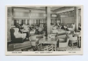 RMS Queen Elizabeth - 1st Smoking Room - Echtfoto Postkarte RPPC - Cunard Line - Bild 1 von 2