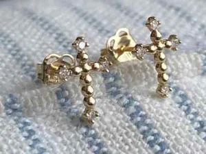 0.50Ct Round Real Moissanite Cross Stud Earrings 14k Yellow Gold-Plated Silver - Picture 1 of 8