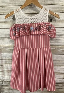 Vestido Beautees Niñas Talla 12 Corte Floral y Acampanado Hombro Frío Rosa Rayas j149 - Imagen 1 de 4