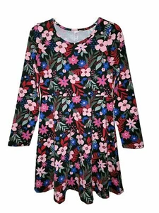 JUSTICE Size 12 Dress Black Pink Blue Floral Long Sleeve - Picture 1 of 4
