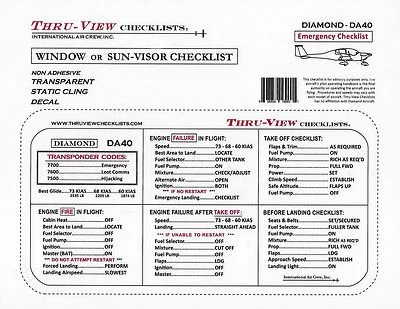 Lista de verificación de aviación de emergencia Thru-View - Diamond DA40 Foto 1 de 3