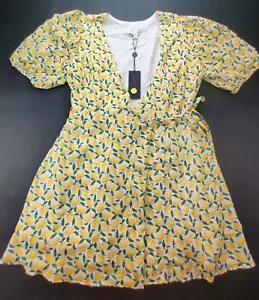 Gianni Bini Wmn's Sz 4 Beige/Lemon Print Asher Puff Sleeves Dress New - Picture 1 of 8