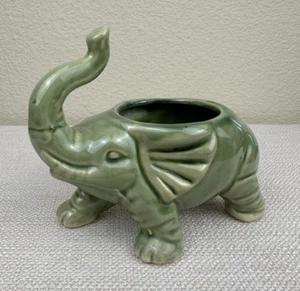 Ceramic Green Glazed Lucky Elephant w/ Trunk Up Planter 3" Tall 5.5" Long - Picture 1 of 9