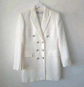 Zara Classic Ivory White Textured Jacket Double Breasted Blazer Size S Small - Picture 1 of 7