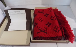 Louis Vuitton Paris Red Logo Scarf Wool Fringed - Picture 1 of 7