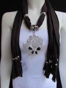 WOMEN SOFT BROWN FABRIC FASHION SCARF NECKLACE SILVER FLOWERS BUTTERFLY PENDANT - Picture 1 of 12